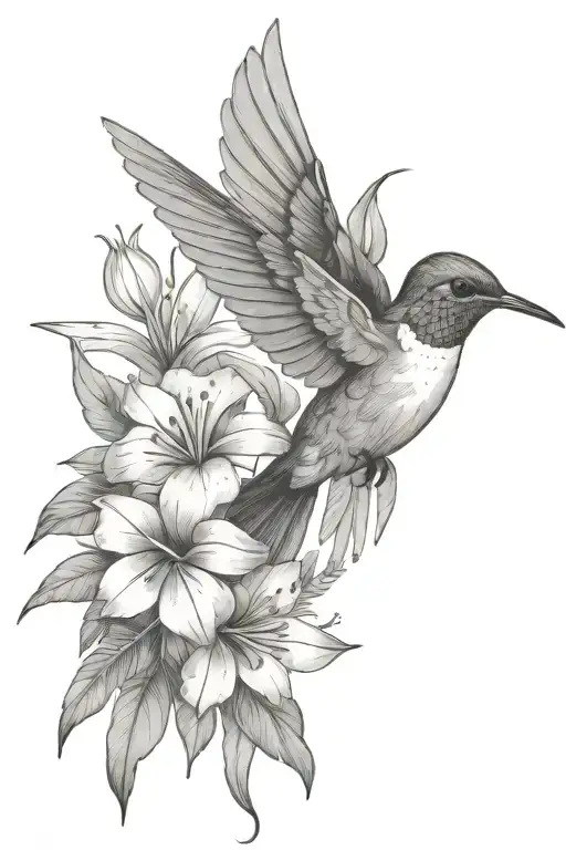 humming-bird tropical flowers and leaves tattoo design idea