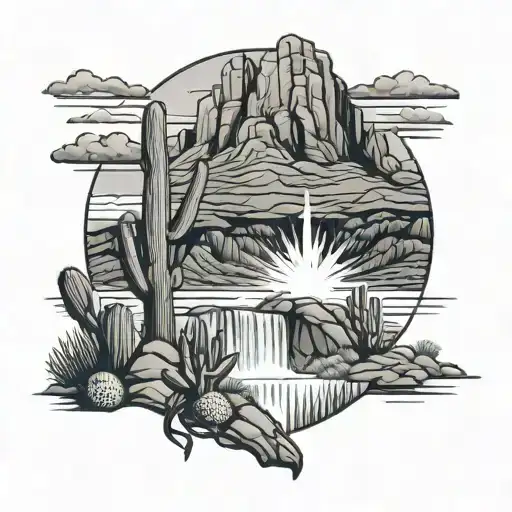 Arizona mountain landscape with waterfall clouds and trees and cactus tattoo design idea