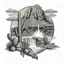 Arizona mountain landscape with waterfall clouds and trees and cactus tattoo design idea