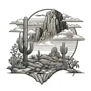 Arizona mountain landscape with waterfall clouds and trees and cactus tattoo design idea
