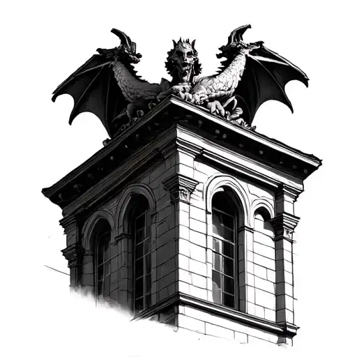 gargoyle corner statue on gothic architectural building  tattoo design idea