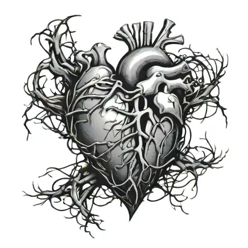 In the style of edgy/emo. Cut and breaking Anatomical heart with barbed wire wrapped around the heart tattoo design idea
