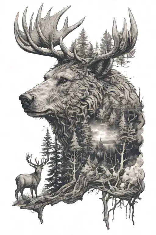 A forest landscape,with forest animals like a bear,a deer or insects,in the sky the face of a forest goddess hunter tattoo design idea