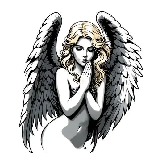 Sexy blonde angel praying tattoo design idea