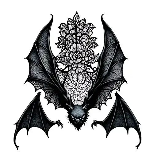 lace bat flying with wings spread  tattoo design idea
