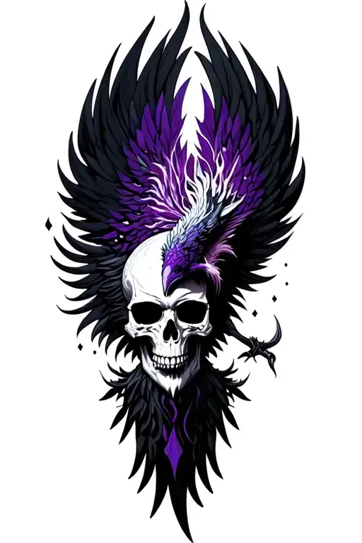 Black purple Phoenix and skull tattoo design idea