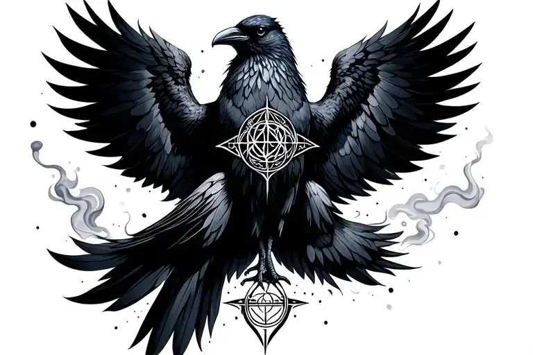 Mystical raven with occult symbols, outstretched wings, whose feathers dissolve into smoke or fumes tattoo design idea