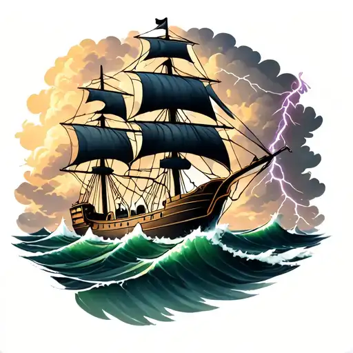 a pirate ship sailing on rough seas with a sky full of stormclouds and a lightningbolt coming down tattoo design idea