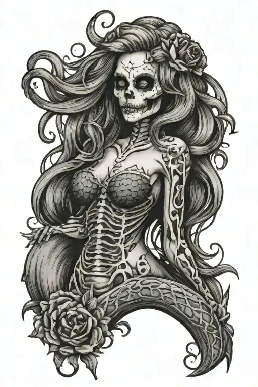mermaid skeleton tattoo design idea