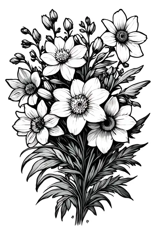 larkspur, aster, and daffodil flower wrap my arm tattoo design idea