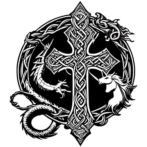 celtic cross with dragon and unicorn surrounded tattoo design idea