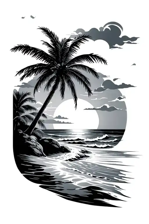 Palm tree on sandy island with sea and waves and sunset tattoo design idea