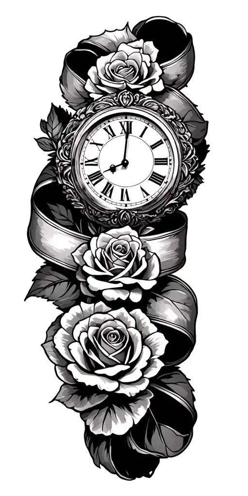 roses in between ribbon, time clock  tattoo design idea