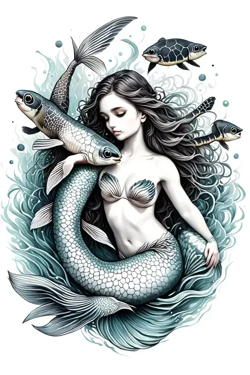 mermaid and sea turtles and koi fish tattoo design idea