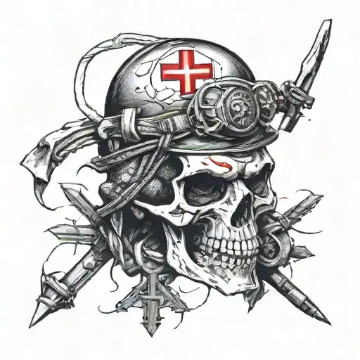 Combat medic skull with red cross helmet adorned tattoo design idea