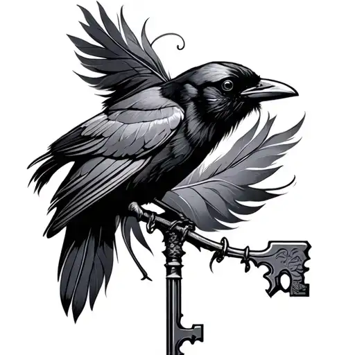 key with crow Feather tattoo design idea