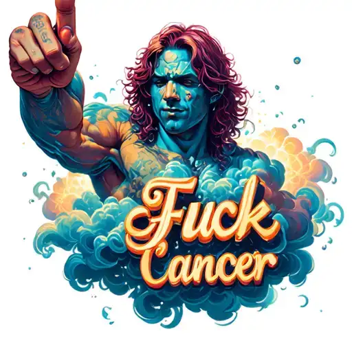 "Fuck Cancer" hyperrealistic short cute charub floating through a big storm lighting clouds showing his middle finger tattoo design idea