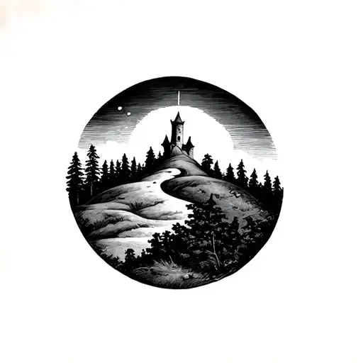 Circle tattoo, hill itersects lower 1/3 of the circle. Trees line the hill on either side, at the top is a small tower tattoo design idea