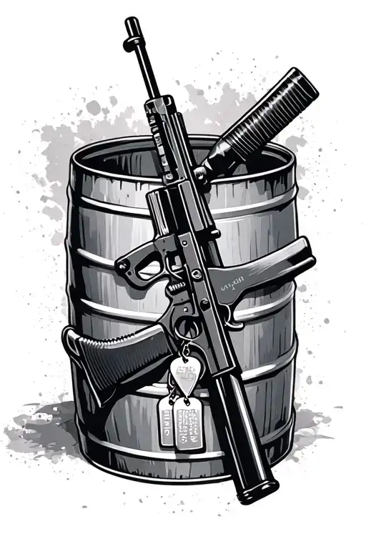 Military rifle with dog tags hanging from the barrel tattoo design idea
