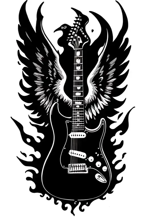 A strat guitar tattoo for my forearm, a phoenix behind it spreading its wings and the tail extended down into a flame sh tattoo design idea