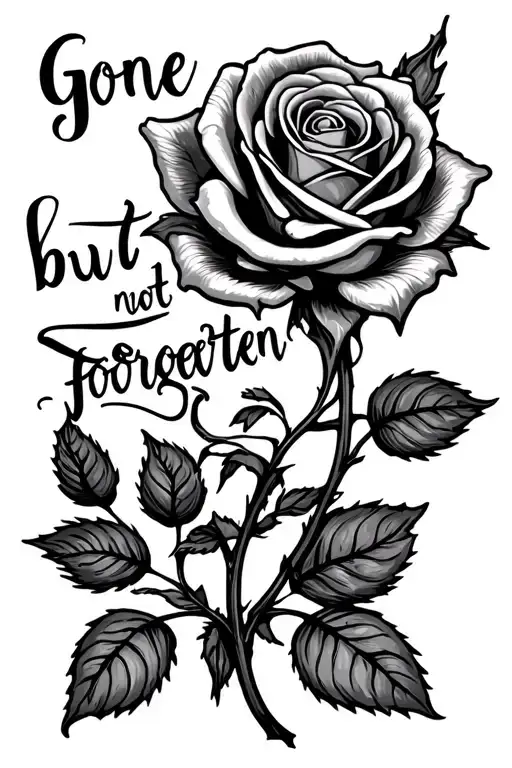 rose with the words" gone but not forgotten" cursive lettering tattoo design idea