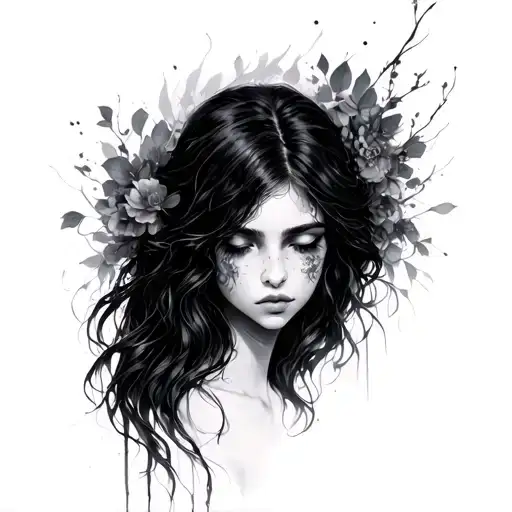 A dark solemn, mysterious feminine figure—represents forgotten places, memories.  embodies sorrow, stillness, grief tattoo design idea