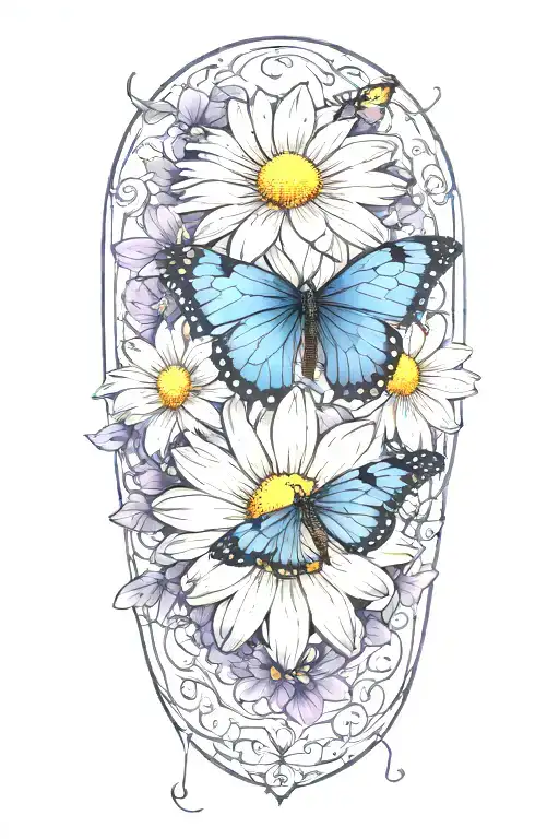 White daisy flowers, blue cosmos flowers, and a purple butterfly tattoo design idea