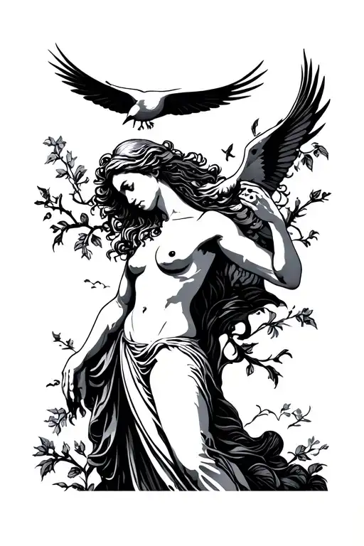 minimal aphrodite with bird flying in the sky tattoo design idea