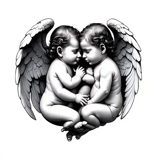 2 angel babies in hands holding tattoo design idea