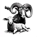 Ram with a gun to its head and a lamb peacefully lying tattoo design idea