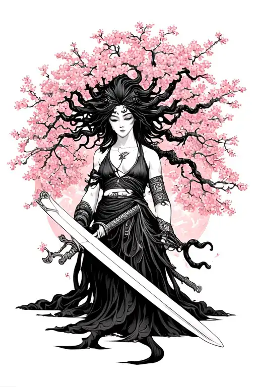 Full Body medusa holding a samurai sword in a sakura tree background tattoo design idea