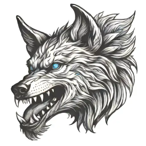 Fenrir Head Side Profile with mouth opened and Blue eye tattoo design idea
