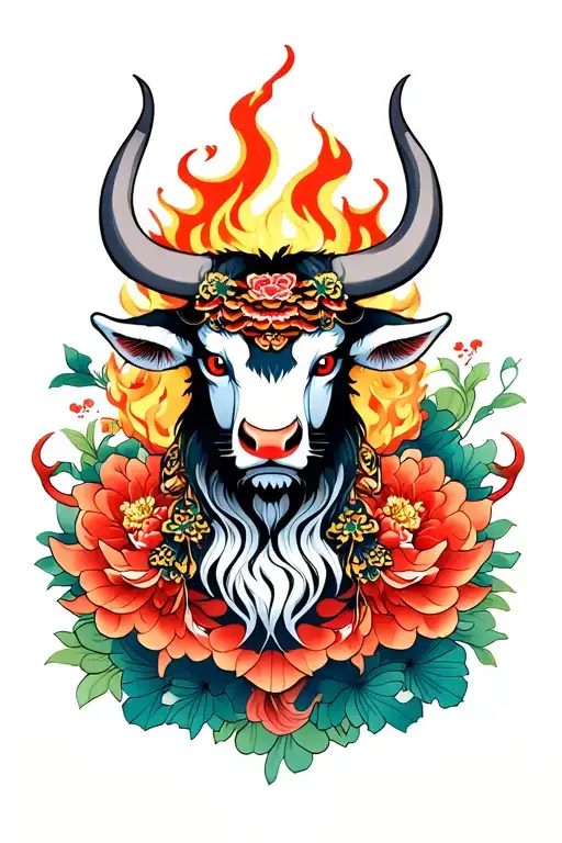 oriental fire ox surrounded by lush tattoo design idea