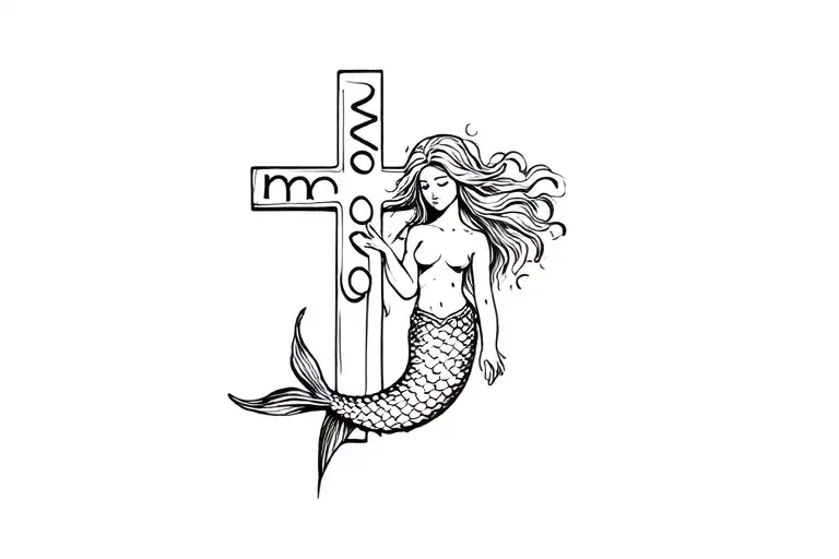 mermaid wrapped around a cross with the words "momo" on the cross tattoo design idea