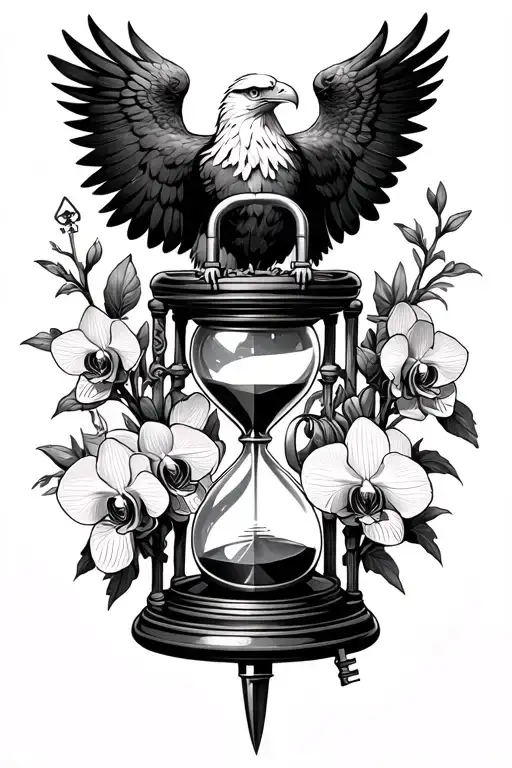 black and white sketch of eagle represents protection with simple hourglass, orchids, lock and key with a sword cutting  tattoo design idea