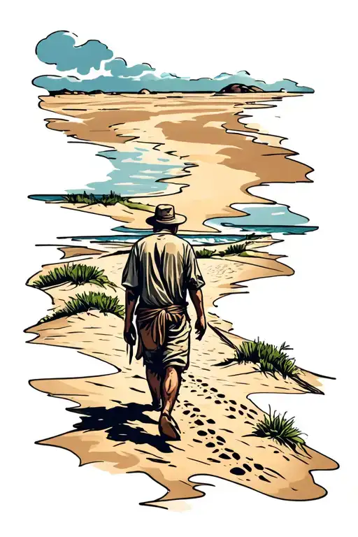 draw a sketch of a tattoo, a man in rags walking into the distance leaving footprints in the sand on the dunes in the de tattoo design idea