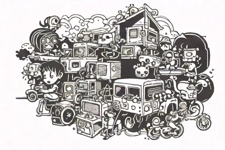 Imagine a vibrant mural representing childhood nostalgia from the late '80s to early 2000s. tattoo design idea