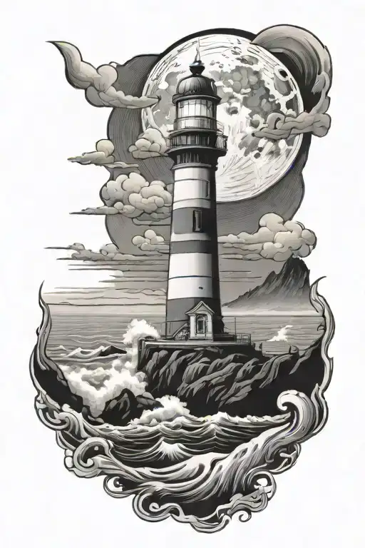 lighthouse by the ocean with moon  tattoo design idea