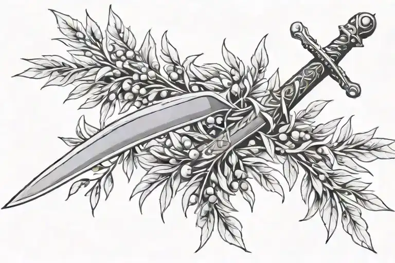 sword going down the back with the handles made out of olive branches with berries  tattoo design idea