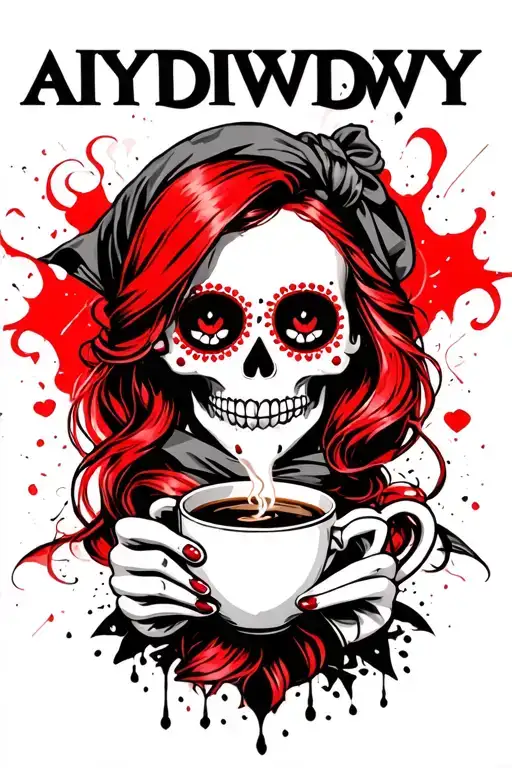"AIYDIWDWY" sugar skull with red hair wearing a hair scarf holding a steaming cup of coffee tattoo design idea