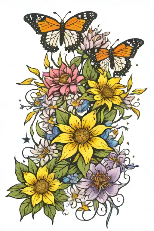 A new-school tattoo of a dreamy celestial garden filled with Edelweiss and King Protea flowers, surrounded by whimsical butterflies and shooting stars, symbolizing the client's love for flowers and their wanderlust under the night sky tattoo design idea