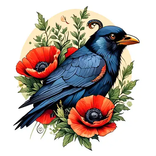 poppies, a rattle snake, and a crow tattoo design idea