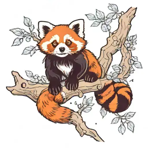 cute and happy hand drawn red panda on a mystical tree branch with an out space background tattoo design idea