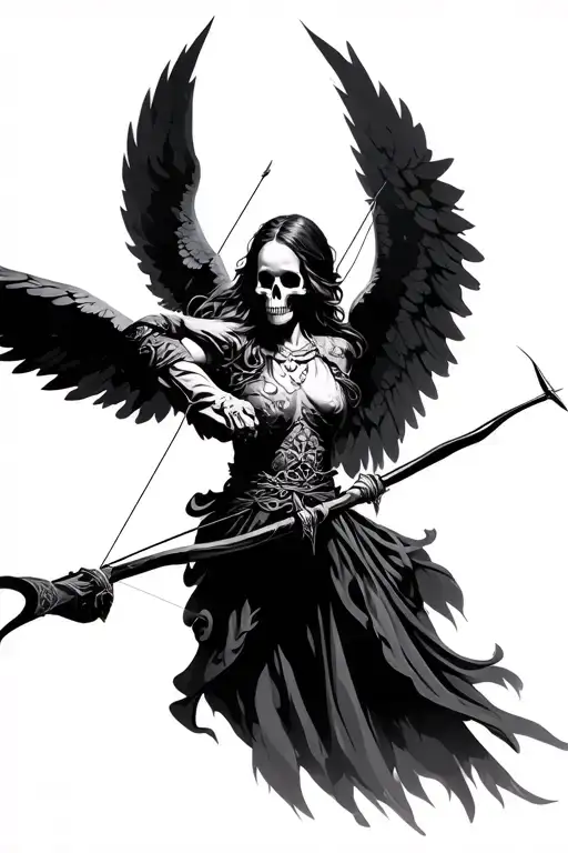 angel with skull face shooting a bow and arrow tattoo design idea