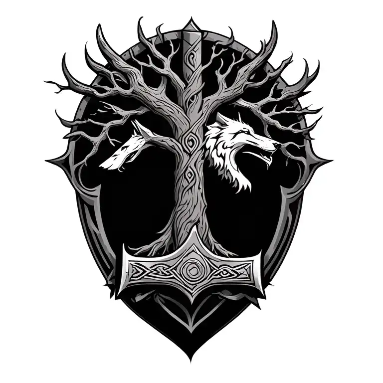 nordic tattoo with tree of life, thors hammer and wolf tattoo design idea