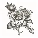 Roses around the name spelled ALANA tattoo design idea