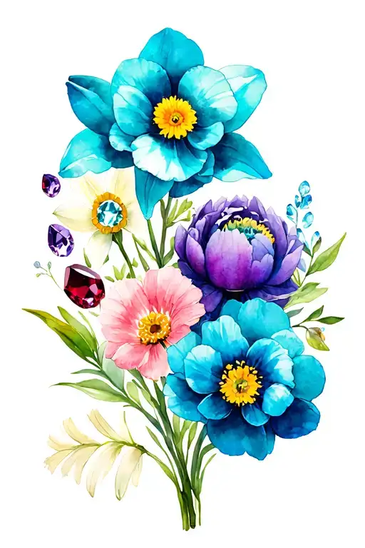 bouquet with turquoise narcissus, topaz peony, Garnet carnation, amethyst iris, diamond daisy tattoo design idea