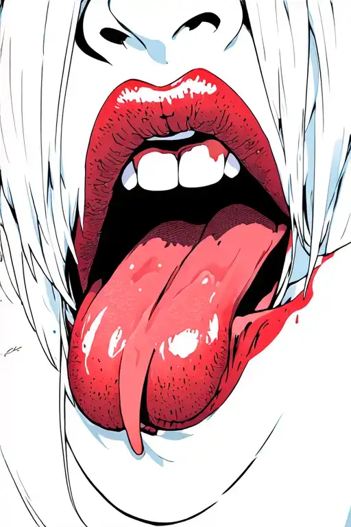 lips opened, tongue hanging out of mouth, drooling white tattoo design idea