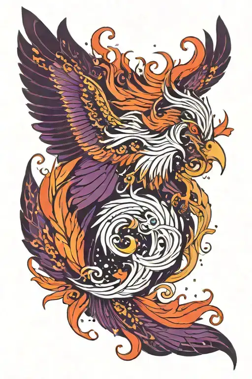 bright purple with reds, phoenix coming, dark sky with starry background, long tail & top knot feathers with flames, att tattoo design idea