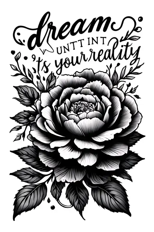 small fine line tattoo to add to a full sleeve tattoo with the quote “dream until it's your reality" with peonies, henna tattoo design idea